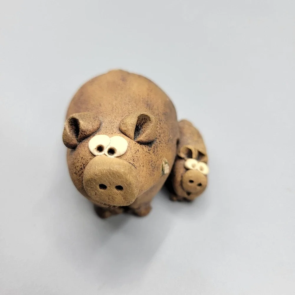 Vintage Handcrafted Clay Pig And Piglet Figurine By Clay Companions 1.5